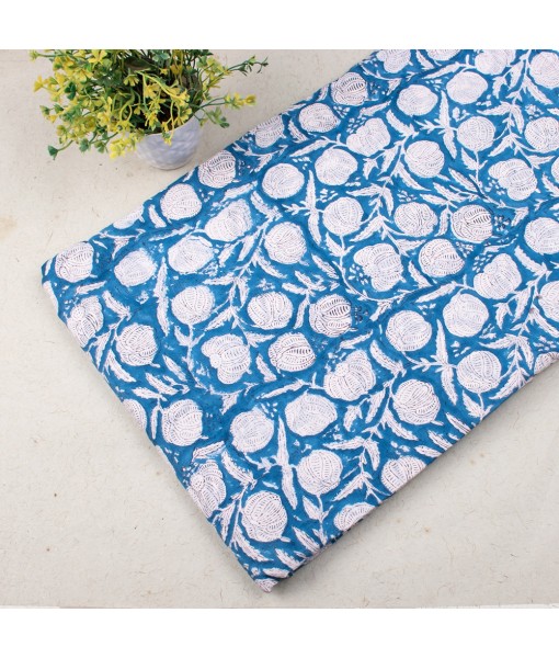 Handmade Block Printed Cotton Multi Floral Sky blue Fabric