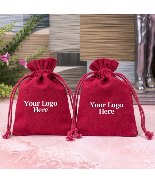 Ruby Red Cotton Drawstring Pouch for Jewellery Packaging With Brand Logo Print