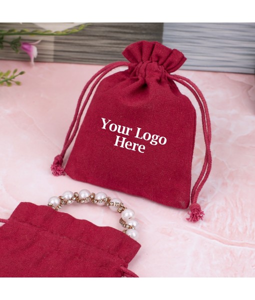 Ruby Red Cotton Drawstring Pouch for Jewellery Packaging With Brand Logo Print