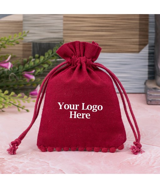 Ruby Red Designer Cotton Drawstring Jewellery Pouch for Packaging With Brand Logo Print