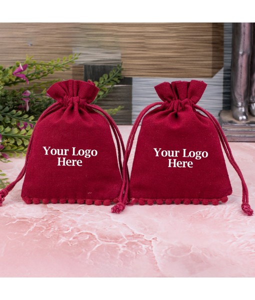 Ruby Red Designer Cotton Drawstring Jewellery Pouch for Packaging With Brand Logo Print