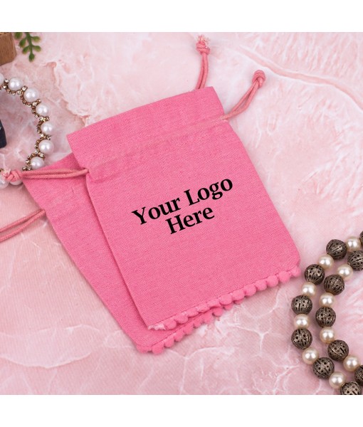 Light Pink Designer Cotton Drawstring Jewellery Pouch for Packaging With Brand Logo Print