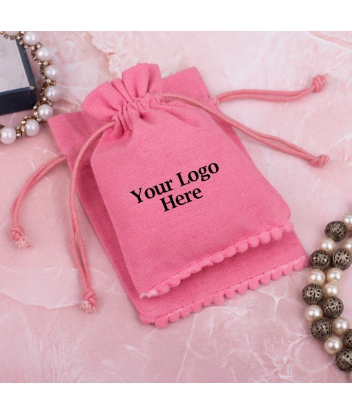 Light Pink Designer Cotton Drawstring Jewellery Pouch for Packaging With Brand Logo Print