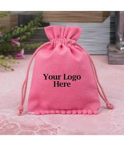 Light Pink Designer Cotton Drawstring Jewellery Pouch for Packaging With Brand Logo Print