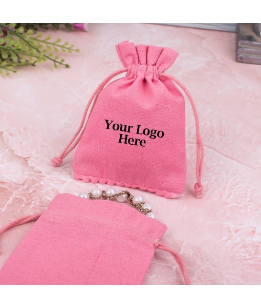 Light Pink Designer Cotton Drawstring Jewellery Pouch for Packaging With Brand Logo Print