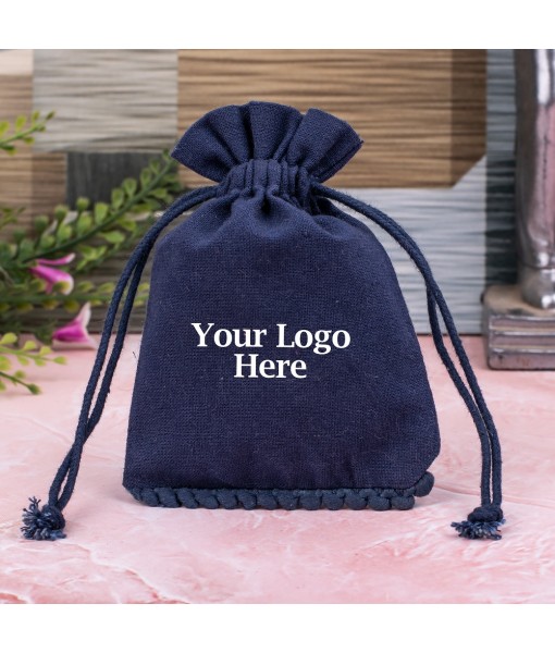 Blue Designer Cotton Drawstring Jewellery Pouch for Packaging With Brand Logo Print