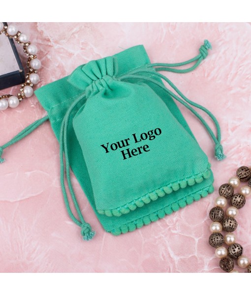 Green Designer Cotton Drawstring Jewellery Pouch for Packaging With Brand Logo Print