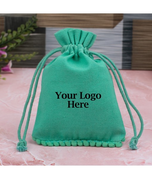 Green Designer Cotton Drawstring Jewellery Pouch for Packaging With Brand Logo Print