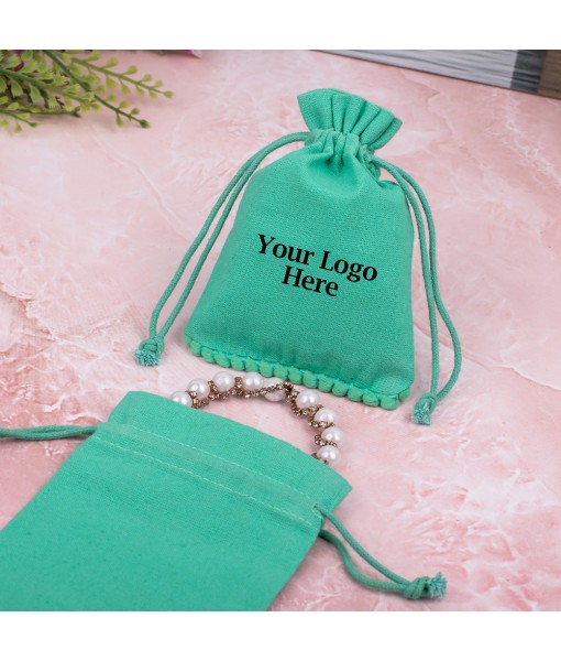 Green Designer Cotton Drawstring Jewellery Pouch for Packaging With Brand Logo Print