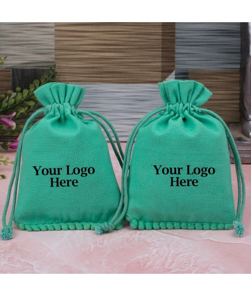 Green Designer Cotton Drawstring Jewellery Pouch for Packaging With Brand Logo Print