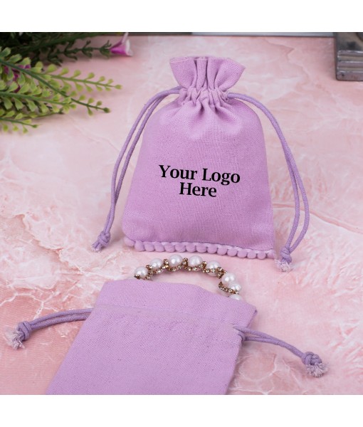 Pastel Violet Designer Cotton Drawstring Jewellery Pouch for Packaging With Brand Logo Print