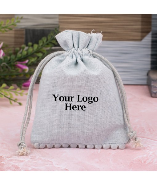 Grey Designer Cotton Drawstring Jewellery Pouch for Packaging With Brand Logo Print