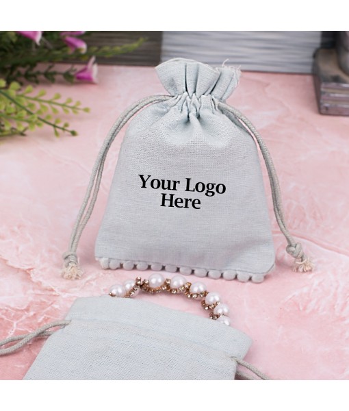 Grey Designer Cotton Drawstring Jewellery Pouch for Packaging With Brand Logo Print