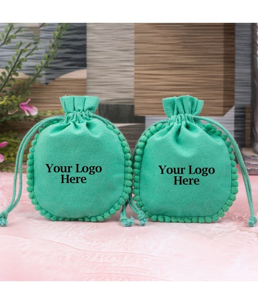 Green Designer Cotton Drawstring Jewellery Packaging Pouch, Wedding Favor Bags With Brand Logo Print