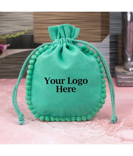 Green Designer Cotton Drawstring Jewellery Packaging Pouch, Wedding Favor Bags With Brand Logo Print