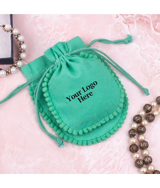 Green Designer Cotton Drawstring Jewellery Packaging Pouch, Wedding Favor Bags With Brand Logo Print