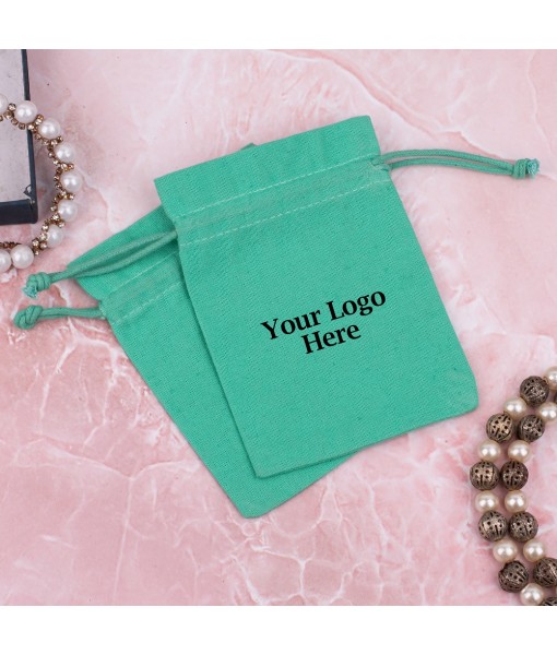 Green Cotton Jewellery Pouches for Packaging With Brand Logo Print