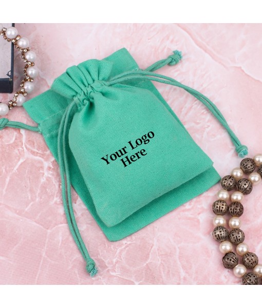 Green Cotton Jewellery Pouches for Packaging With Brand Logo Print