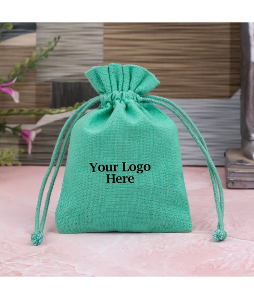 Green Cotton Jewellery Pouches for Packaging With Brand Logo Print