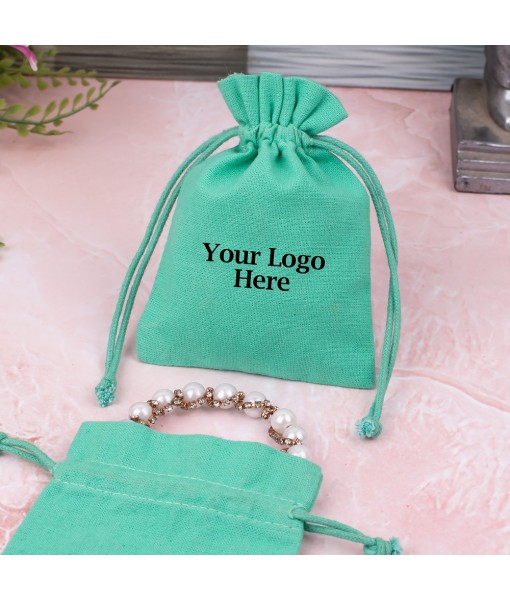 Green Cotton Jewellery Pouches for Packaging With Brand Logo Print