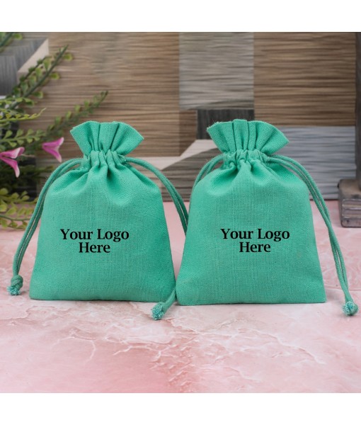 Green Cotton Jewellery Pouches for Packaging With Brand Logo Print