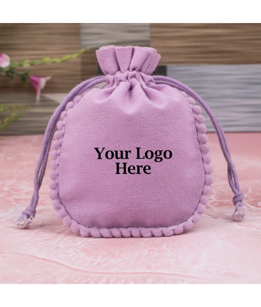 Light Pink Designer Cotton Drawstring Jewellery Packaging Pouch, Wedding Favor Bags With Brand Logo Print