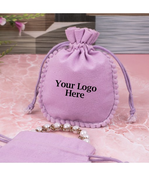 Light Pink Designer Cotton Drawstring Jewellery Packaging Pouch, Wedding Favor Bags With Brand Logo Print