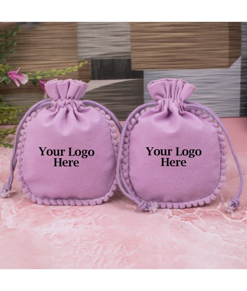 Light Pink Designer Cotton Drawstring Jewellery Packaging Pouch, Wedding Favor Bags With Brand Logo Print