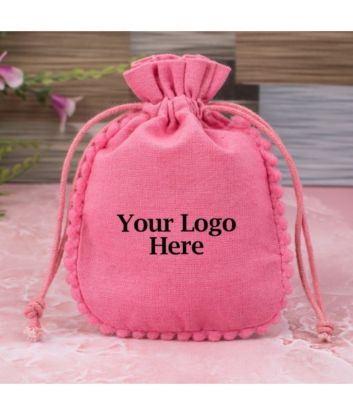 Pink Designer Cotton Drawstring Jewellery Packaging Pouch, Wedding Favor Bags With Brand Logo Print