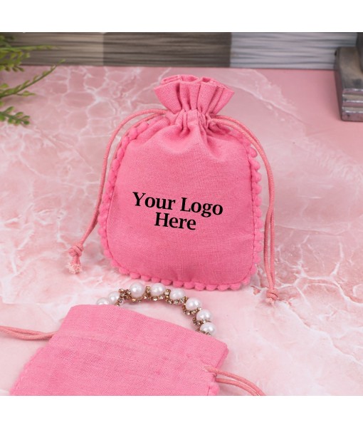 Pink Designer Cotton Drawstring Jewellery Packaging Pouch, Wedding Favor Bags With Brand Logo Print