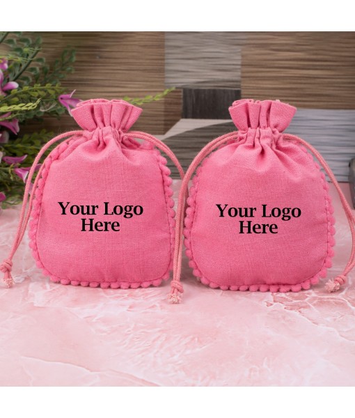 Pink Designer Cotton Drawstring Jewellery Packaging Pouch, Wedding Favor Bags With Brand Logo Print