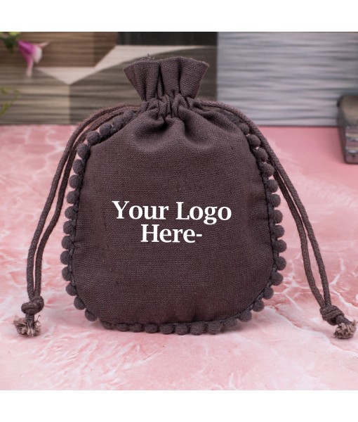 Grey Brown Designer Cotton Drawstring Jewellery Pouch for Packaging With Brand Logo Print