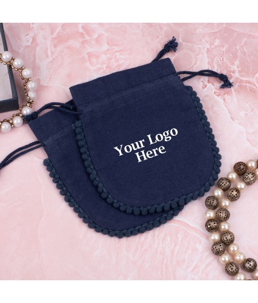 Dark Blue Cotton Designer Jewellery Pouches & Bags for Packaging With Brand Logo Print