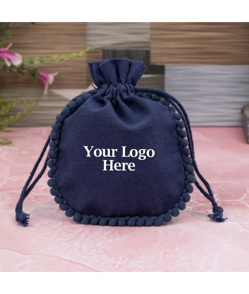 Dark Blue Cotton Designer Jewellery Pouches & Bags for Packaging With Brand Logo Print