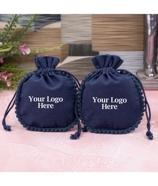 Dark Blue Cotton Designer Jewellery Pouches & Bags for Packaging With Brand Logo Print