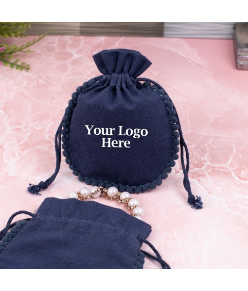 Dark Blue Cotton Designer Jewellery Pouches & Bags for Packaging With Brand Logo Print