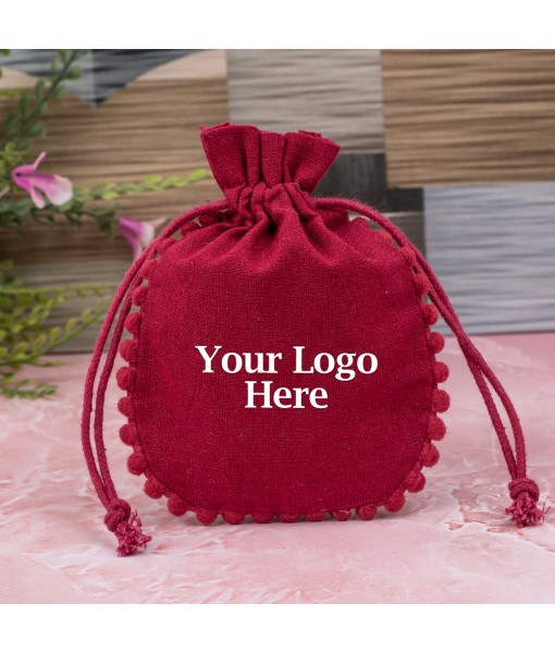 Red Designer Cotton Drawstring Jewellery Packaging Pouch, Wedding Favor Bags With Brand Logo Print