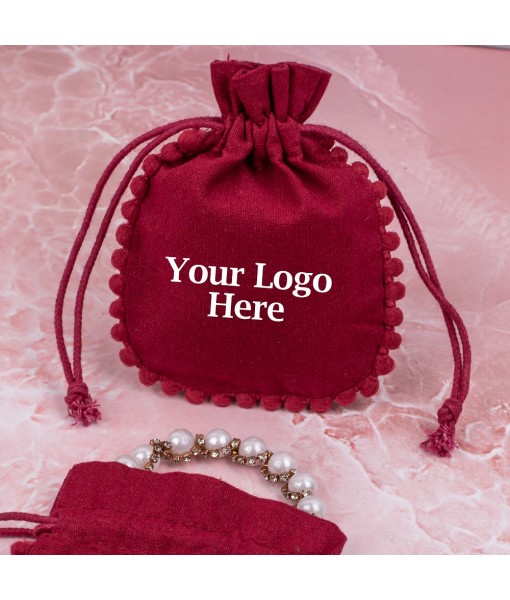 Red Designer Cotton Drawstring Jewellery Packaging Pouch, Wedding Favor Bags With Brand Logo Print