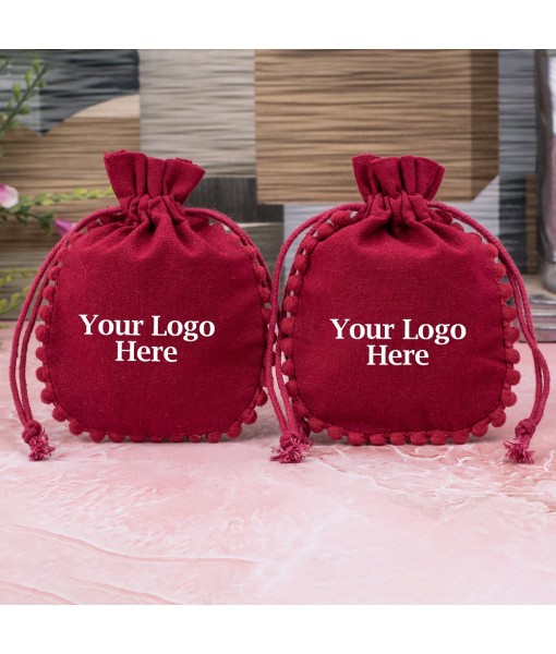 Red Designer Cotton Drawstring Jewellery Packaging Pouch, Wedding Favor Bags With Brand Logo Print