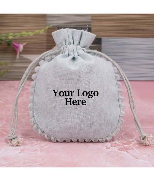 Grey Designer Cotton Pouches & Bags For Packaging, Wedding Favor Bags With Brand Logo