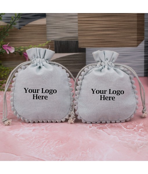 Grey Designer Cotton Pouches & Bags For Packaging, Wedding Favor Bags With Brand Logo