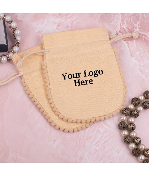 Ivory Designer Cotton Drawstring Jewellery Packaging Pouch, Wedding Favor Bags With Brand Logo Print