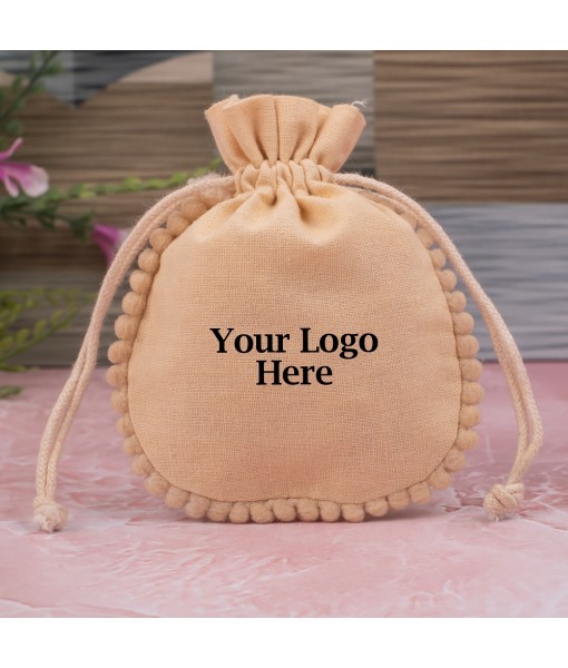 Ivory Designer Cotton Drawstring Jewellery Packaging Pouch, Wedding Favor Bags With Brand Logo Print