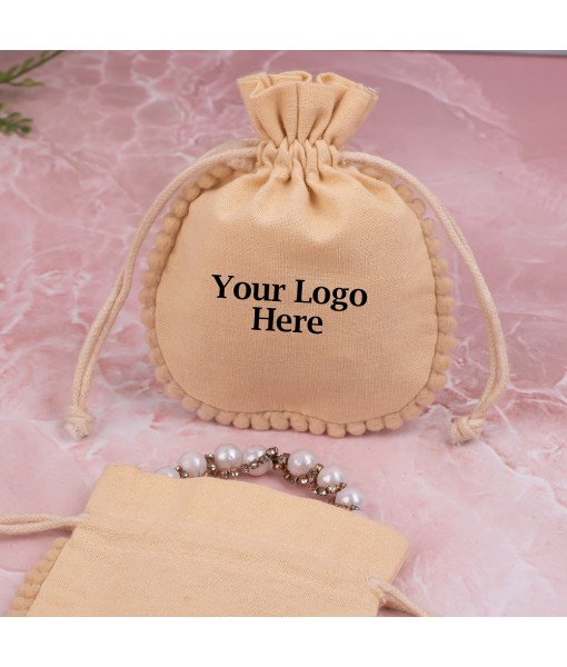 Ivory Designer Cotton Drawstring Jewellery Packaging Pouch, Wedding Favor Bags With Brand Logo Print