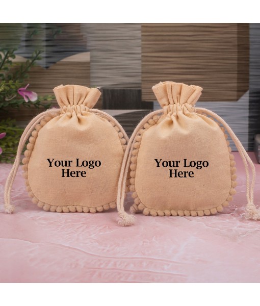 Ivory Designer Cotton Drawstring Jewellery Packaging Pouch, Wedding Favor Bags With Brand Logo Print