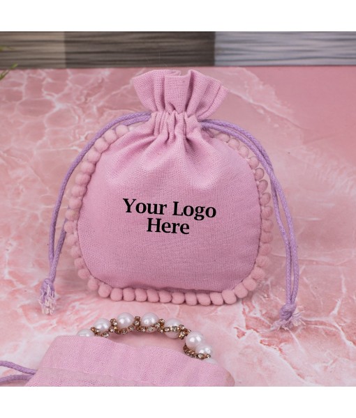 Light Pink Designer Cotton Pouches & Bags For Packaging, Wedding Favor Bags With Brand Logo