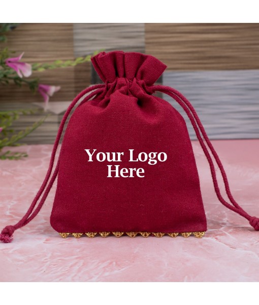 Red Designer Cotton Drawstring Jewellery Pouch for Packaging With Brand Logo Print