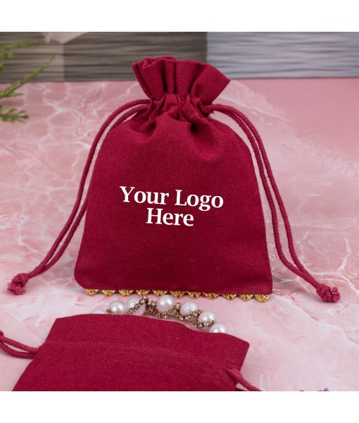 Red Designer Cotton Drawstring Jewellery Pouch for Packaging With Brand Logo Print