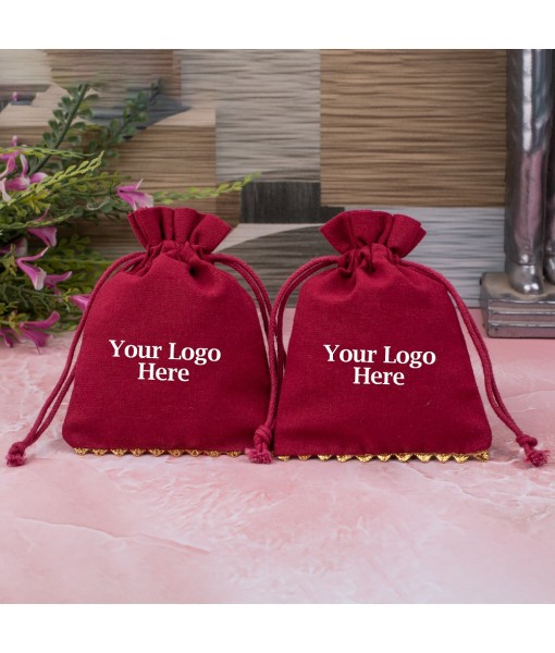 Red Designer Cotton Drawstring Jewellery Pouch for Packaging With Brand Logo Print