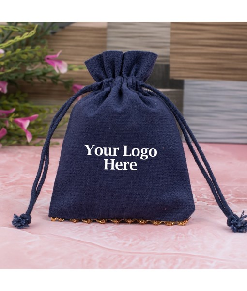 Blue Cotton Designer Jewellery Pouches & Bags for Packaging With Brand Logo Print